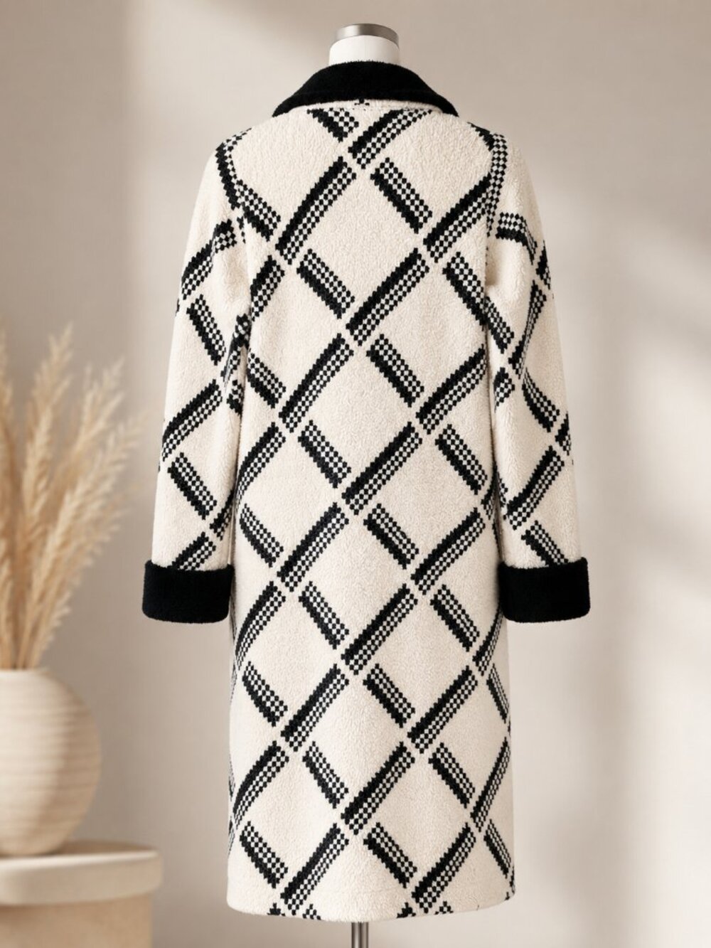 Joseph Ribkoff Windowpane Diamond Longline Coatigan Jacket Black Cream Sz Small - Picture 2 of 10